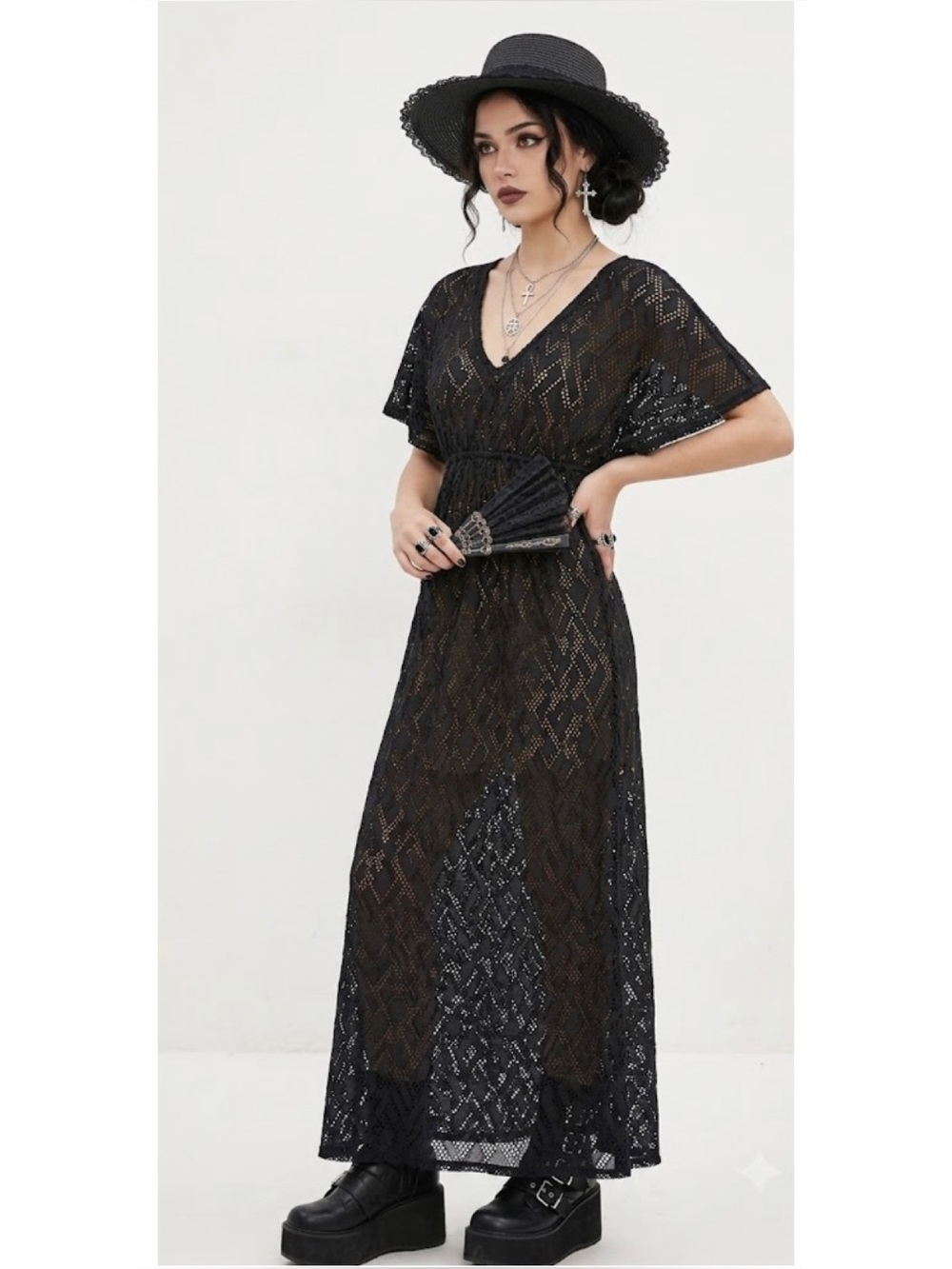 Geometric Open Crochet Knit V-Neck Maxi Dress Swim Cover Empire Waist *No Size*